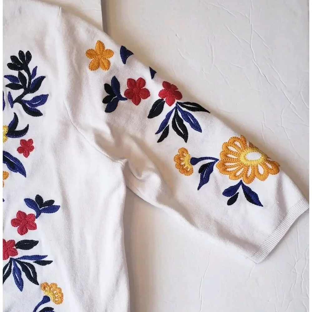 TYLER BOE Womens Large Sweater Pullover EMBROIDERED Floral White Lightweight - Picture 5 of 10